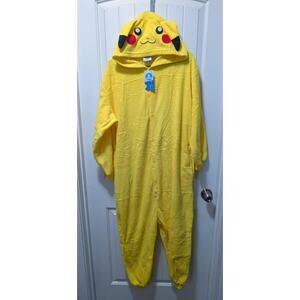 Pikachu One Piece Hooded Adult M Pajamas Button Up Pockets Cosplay Halloween New